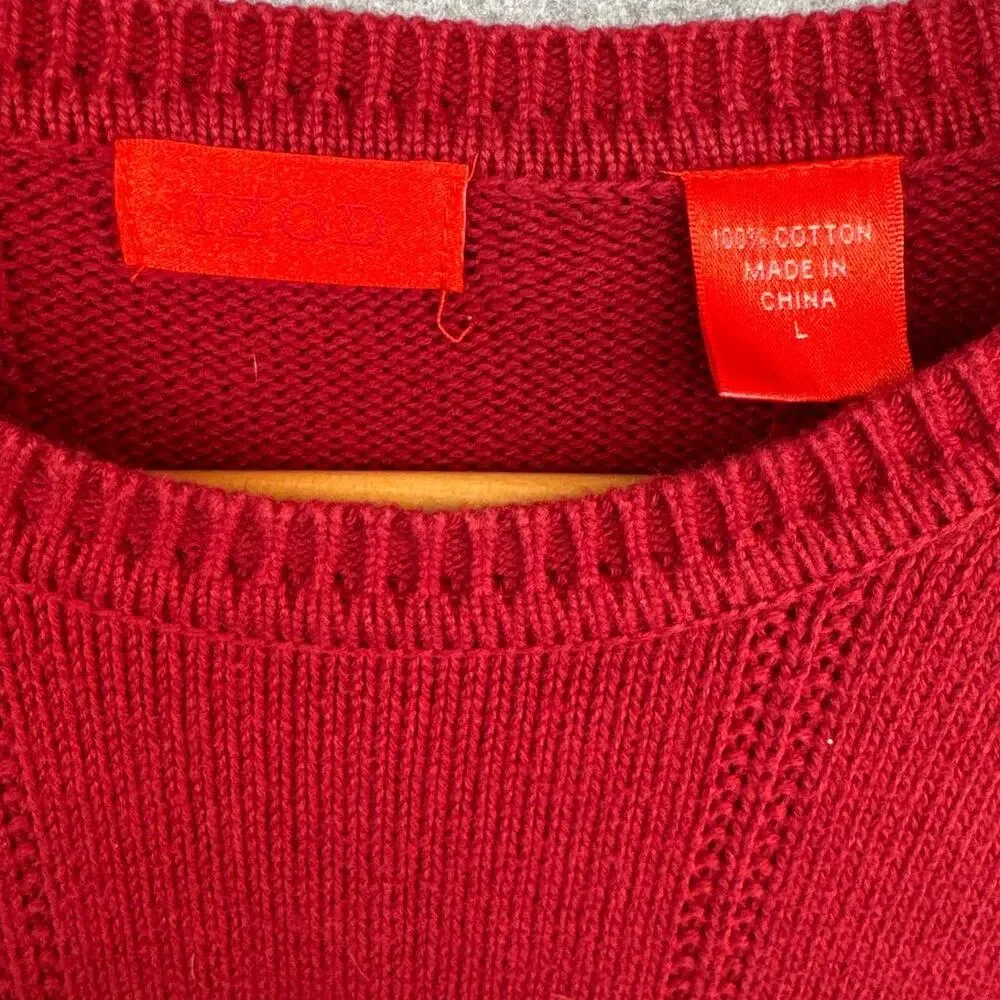 Izod Vintage Red Textured Windowpane Check Pattern Cotton Crewneck Sweater Men L